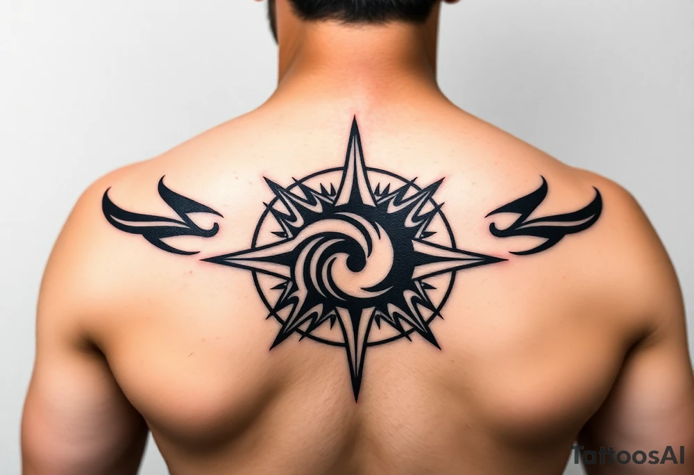 A sharp edged rip curl wave inside of a compass rose tattoo idea