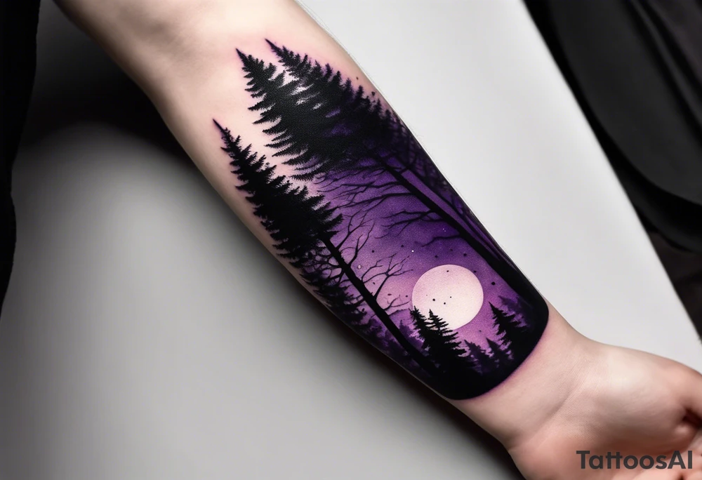 forest, purple and black, on forearm, fully covered, no borders, blackwork tattoo idea