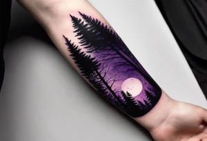 forest, purple and black, on forearm, fully covered, no borders, blackwork tattoo idea