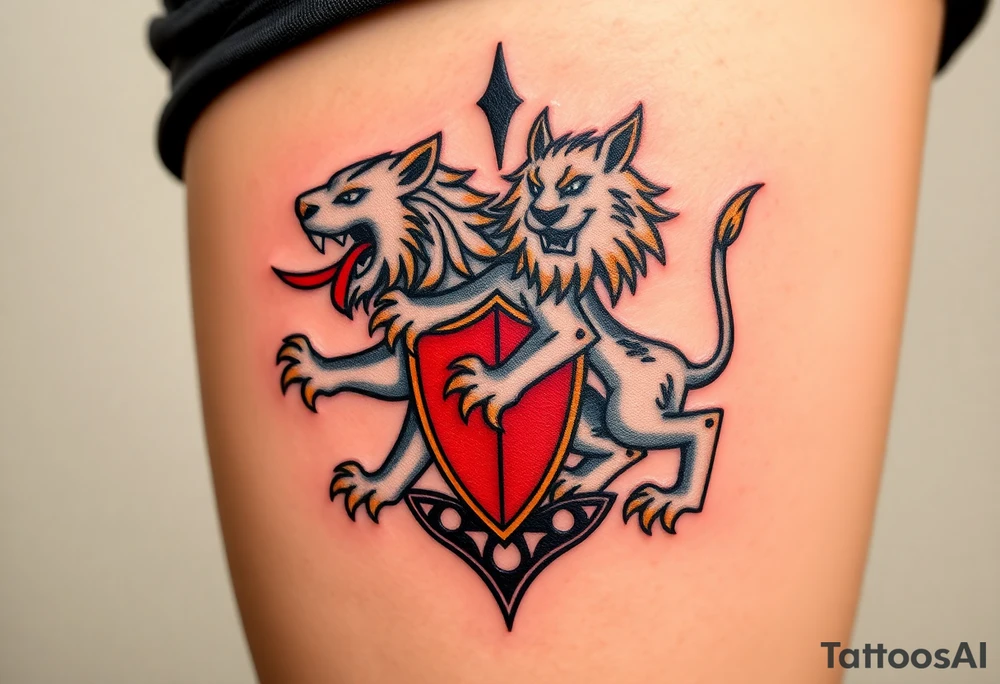 A majestic double-tailed silver lion with golden claws and a red tongue, standing proudly on a red shield, symbolizing strength and courage tattoo idea