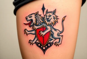 A majestic double-tailed silver lion with golden claws and a red tongue, standing proudly on a red shield, symbolizing strength and courage tattoo idea