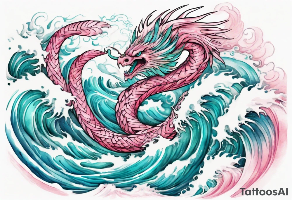 a beautiful turquoise pink and white sea  feathered serpent rising from the waves of the ocean tattoo idea