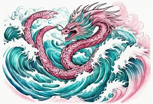 a beautiful turquoise pink and white sea  feathered serpent rising from the waves of the ocean tattoo idea