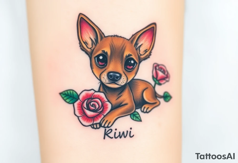 Cute female  hound dog mix Brindle dog with the name kiwi . And a tiny rose around her . With her ears pointy a little big tattoo idea