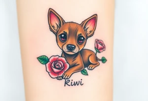 Cute female  hound dog mix Brindle dog with the name kiwi . And a tiny rose around her . With her ears pointy a little big tattoo idea
