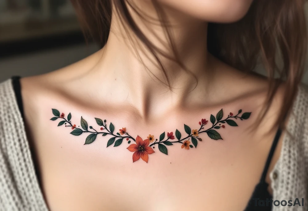 Two separate collarbone tattoos of long, stems and branches covered with red, orange, yellow and dark forest green leaves and flowers, academia, witchy, muted, delicate and gentle but moody, long and thin, following the collarbone. More muted, not so bright, darker colors. Fewer amount of leaves, larger leaves. Less flowers and leaves. tattoo idea