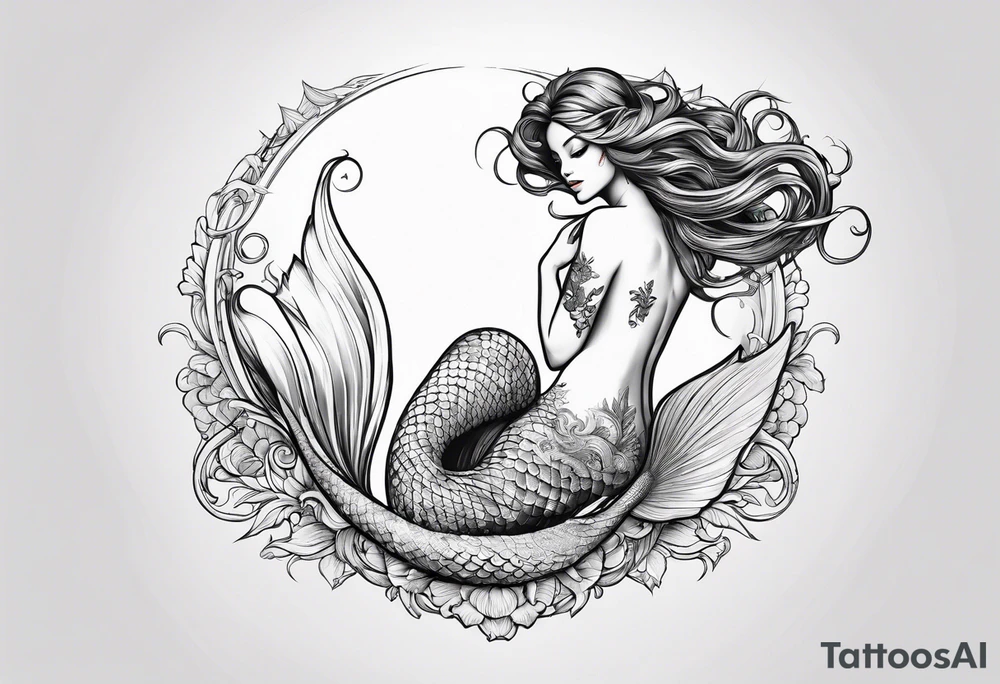 magical mermaid with long fan tail tattoo idea