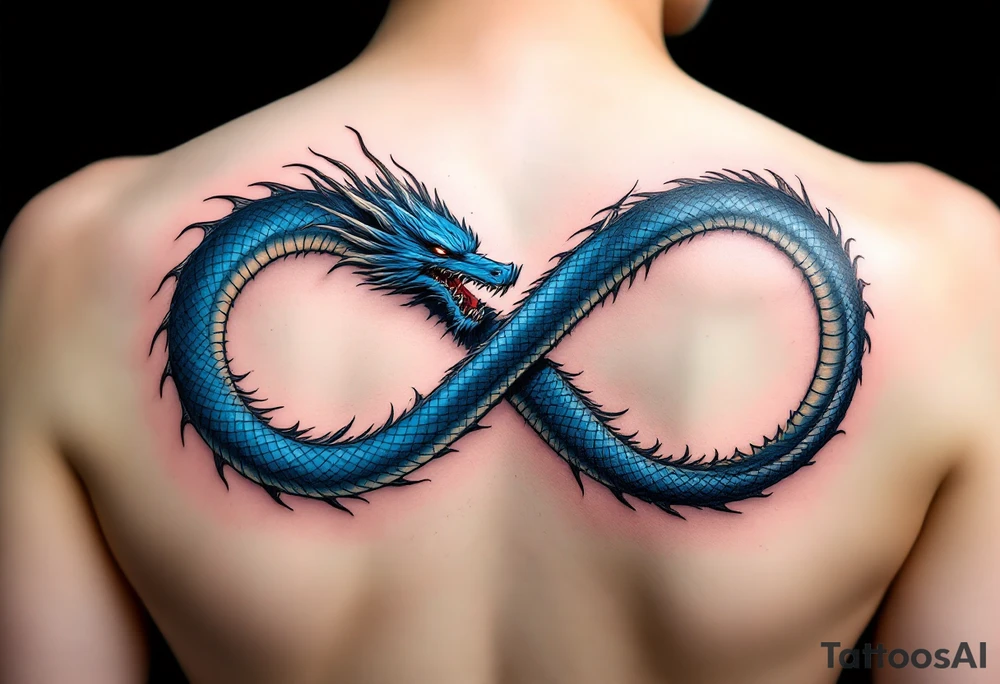 The design features a dragon, coiled in the shape of the infinity symbol (sideways number "8"). The dragon is depicted eating its own tail, symbolizing eternity and continuity, inspired by the Ouroboros.

Details:

The dragon's body has vibrant, glossy blue scales, with a smooth and polished texture.
It maintains a clean, balanced shape in the infinity figure, with sharp details and elegant flow.
Style:

The focus remains on the dragon's form, with no additional background elements to keep the design minimal and modern. tattoo idea