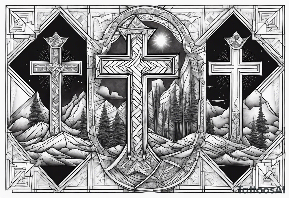 Calvary three crosses geometric tattoo idea