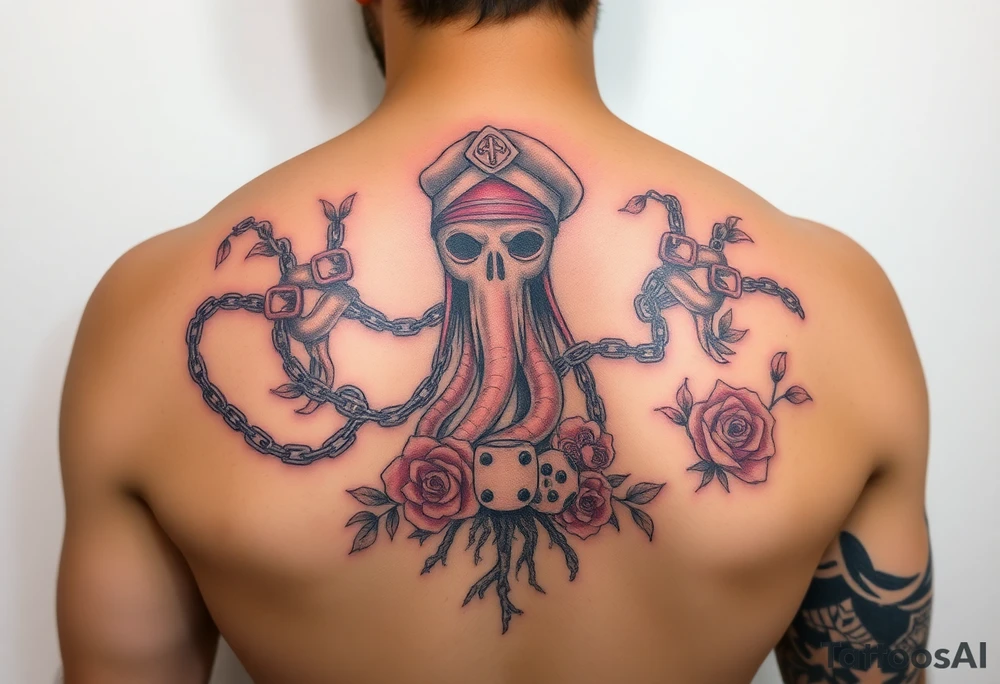 Squid and spartan and sailor hat combined with chains, tree roots, cherry blossoms and roses rolling dice tattoo idea