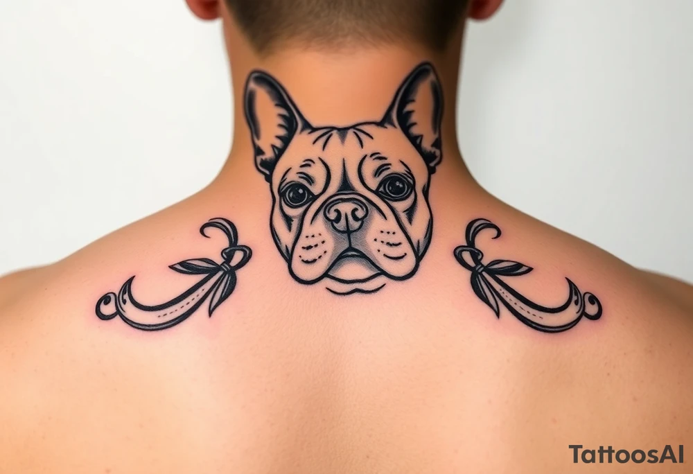 French bulldog, feminine ruby color tattoo idea