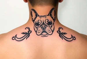French bulldog, feminine ruby color tattoo idea
