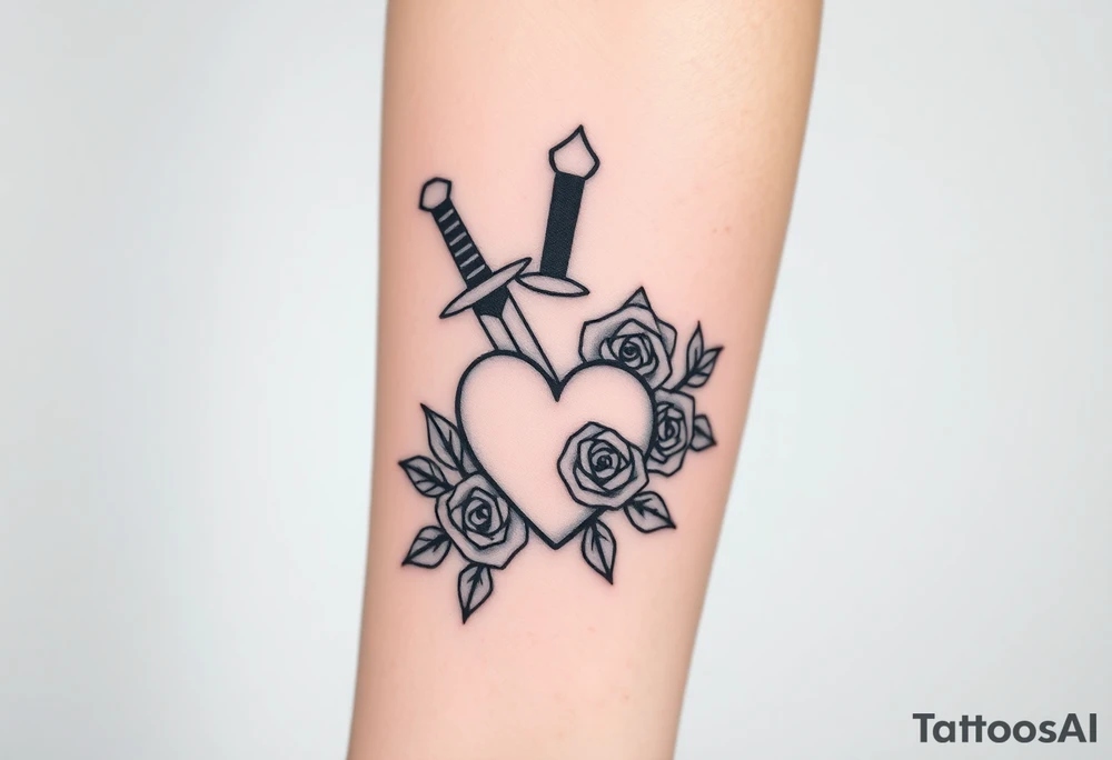 dagger piercing a heart with roses tattoo idea
