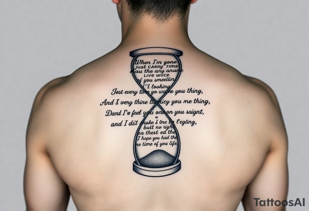 You are a renowned tattoo artist, known for your ability to create unique and meaningful designs. Your client wants a tattoo that symbolizes the passage of time and incorporates a personal text. The idea is to shape the text in the form of an hourglass, as if the words themselves are flowing like sand through the hourglass. Here is the text to be used:

“When I'm gone just carry on, don't mourn
Rejoice every time you hear the sound of my voice
Just know that I’m lookin’ down on you smilin
And I didn’t feel a thing so baby don’t feel no pain, just smile back!
It's something unpredictable
But in the end, it's right
I hope you had the time of your life” tattoo idea