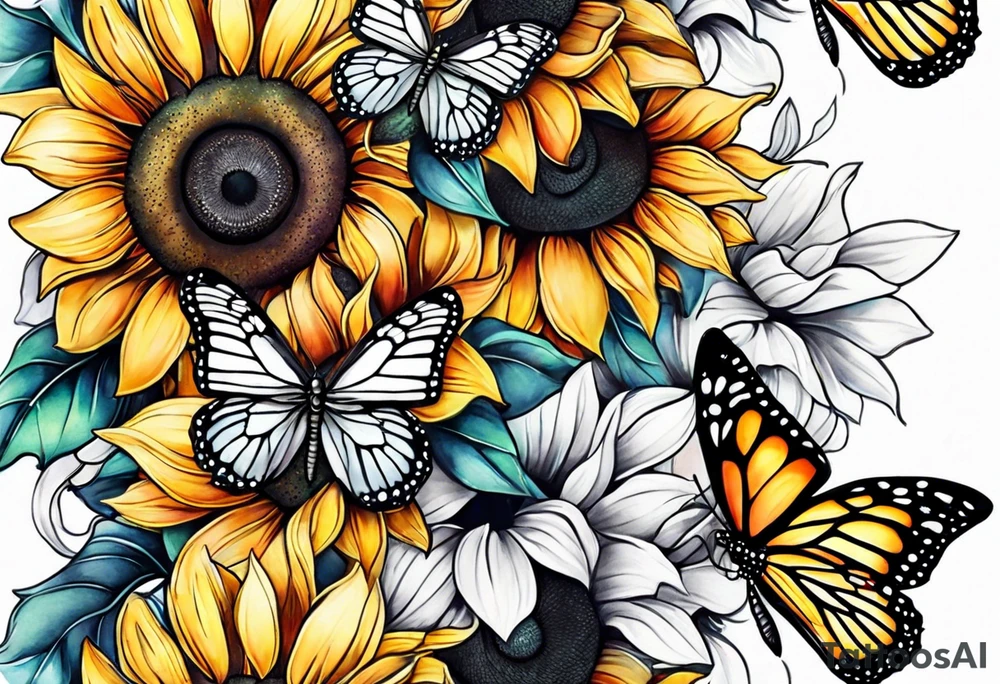 Arm sleeve with sunflowers and butterflies tattoo idea