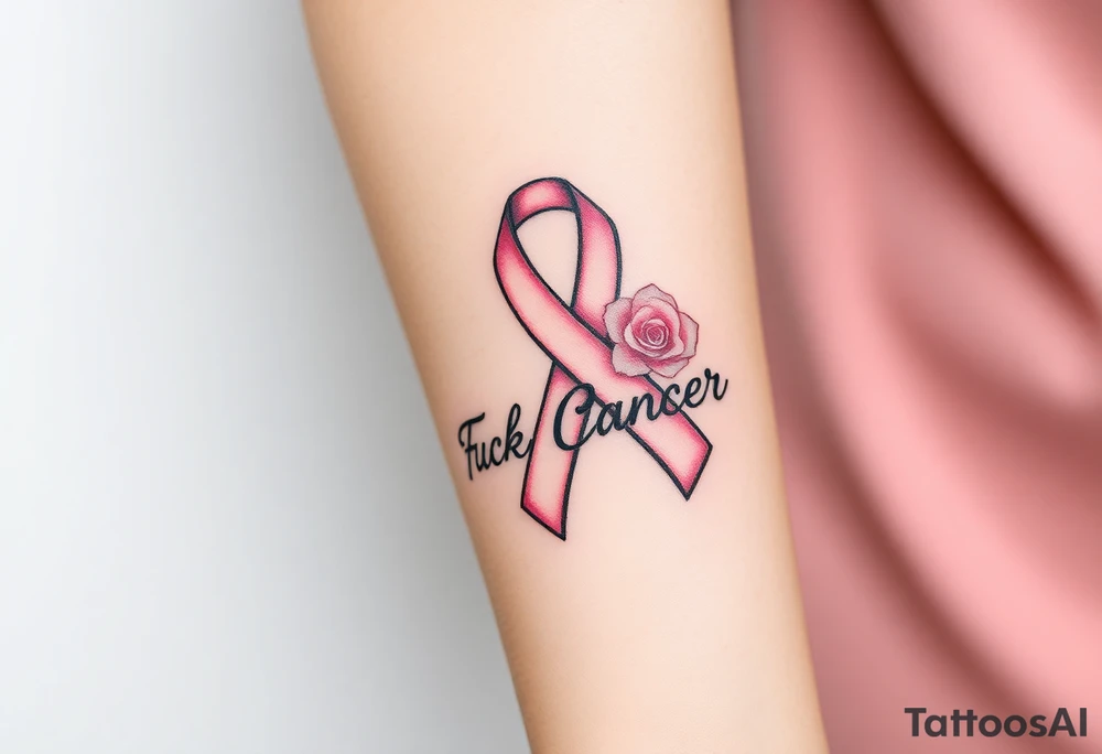 Breast Cancer ribbon that says "Fuck Cancer"with 3 light pink roses tattoo idea