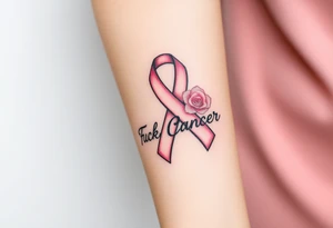 Breast Cancer ribbon that says "Fuck Cancer"with 3 light pink roses tattoo idea