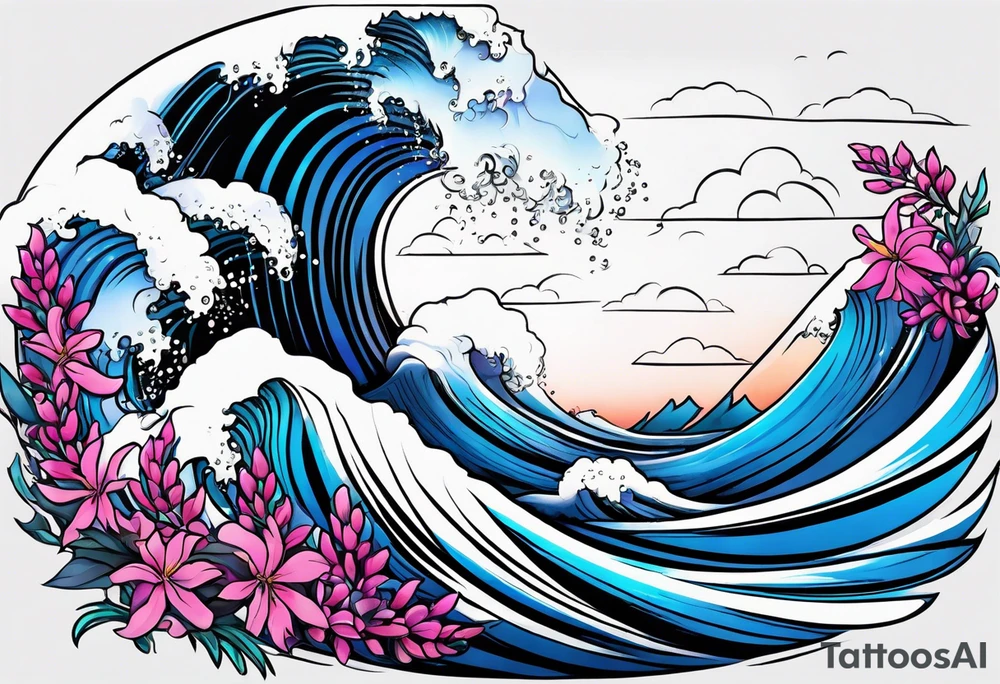 ocean wave surrounded by lupin and fireweed vines tattoo idea