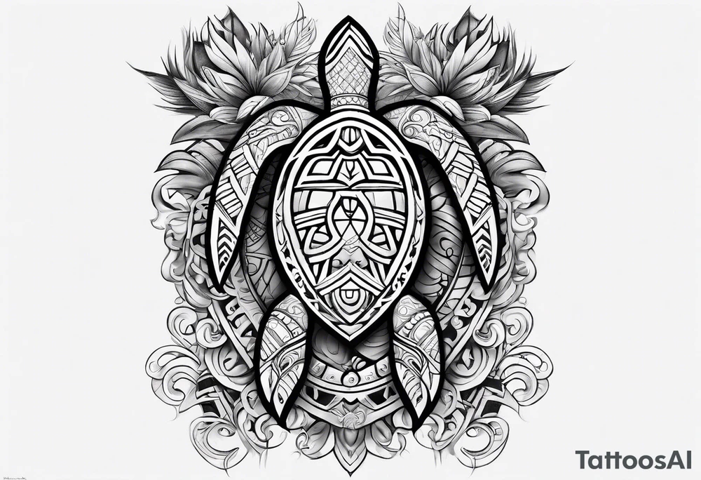 Full Polynesian tribal sleeve with turtle on top on arm tattoo idea
