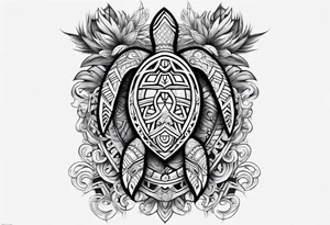 Full Polynesian tribal sleeve with turtle on top on arm tattoo idea