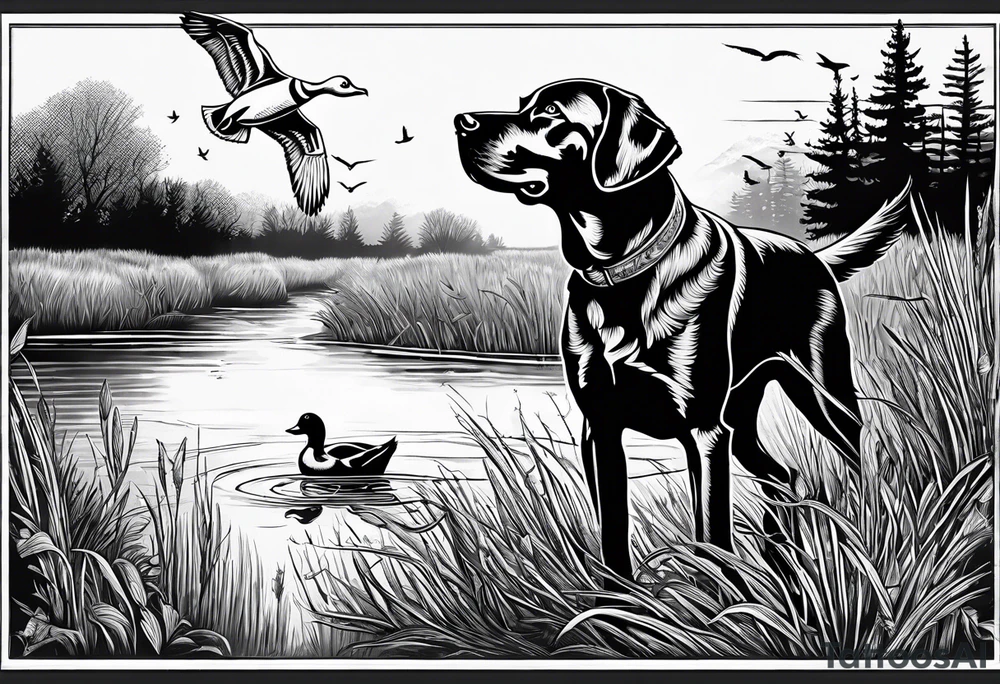 bird dog retrieving duck from marsh in its mouth tattoo idea