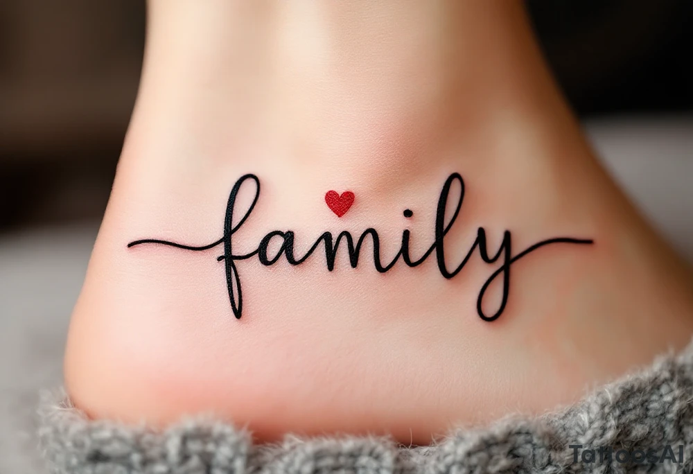 A heartbeat line forming the word family in black, with a small red heart at the center. tattoo idea
