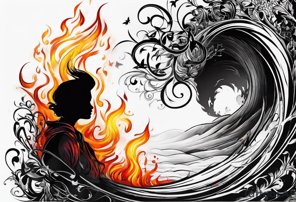 shadow in a fire with script "can't escape" tattoo idea