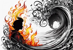 shadow in a fire with script "can't escape" tattoo idea