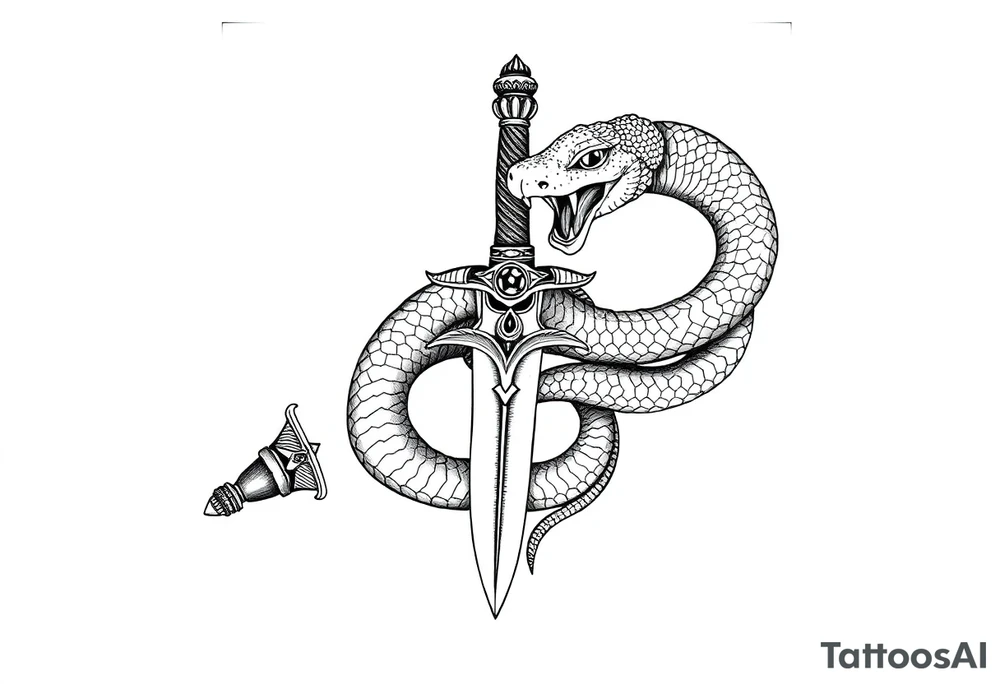 mystical snake coiled around an ancient dagger with jeweled hilt tattoo idea