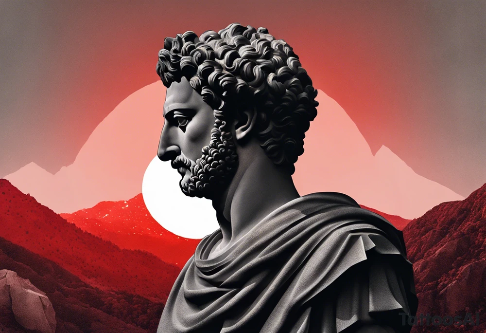 A grey statue of the face of Marcus Aurelius looking toward the observer in a 25 degree angle. The bottom left part of the statue is broken. The Background are mountains in a red hue. tattoo idea