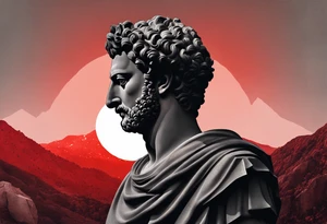 A grey statue of the face of Marcus Aurelius looking toward the observer in a 25 degree angle. The bottom left part of the statue is broken. The Background are mountains in a red hue. tattoo idea