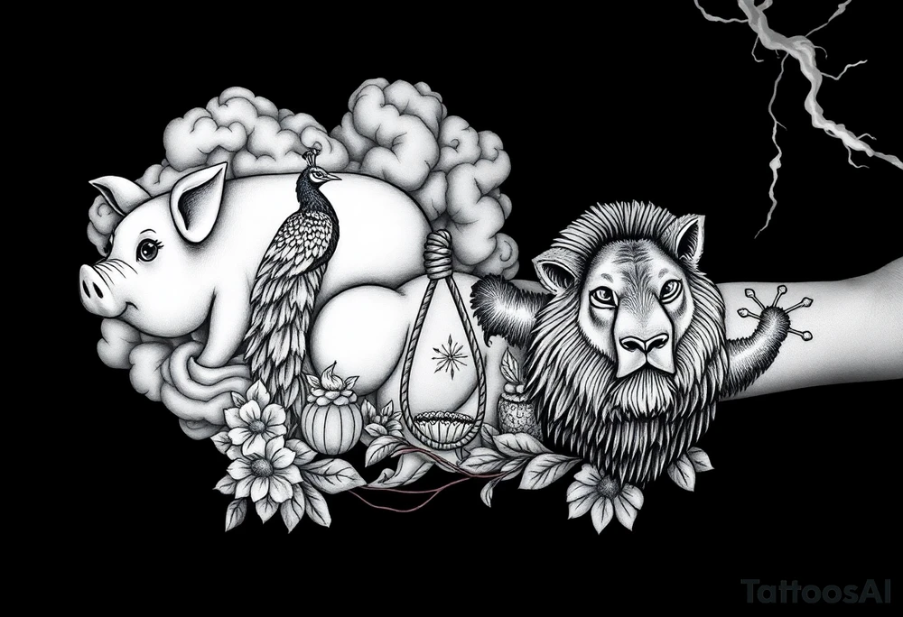 Storm clouds, pig, peacock , fat sexy naked fat woman, cupcakes, noose , money, goat, lion, couple having sex, cigerette storm lightening, killing, darkness, lazy tattoo idea
