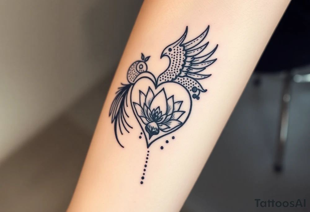 the phoenix and hour glass with lotus flower in kintsugi heart design tattoo idea
