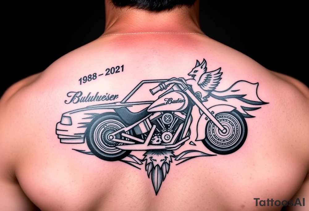 Dale Earnhardt car on it with the year 1958 - 2021 intertwined with a motorcycle with a Budweiser logo on it with a guardian angel wolf tattoo idea