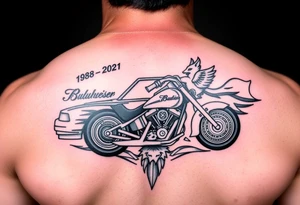 Dale Earnhardt car on it with the year 1958 - 2021 intertwined with a motorcycle with a Budweiser logo on it with a guardian angel wolf tattoo idea