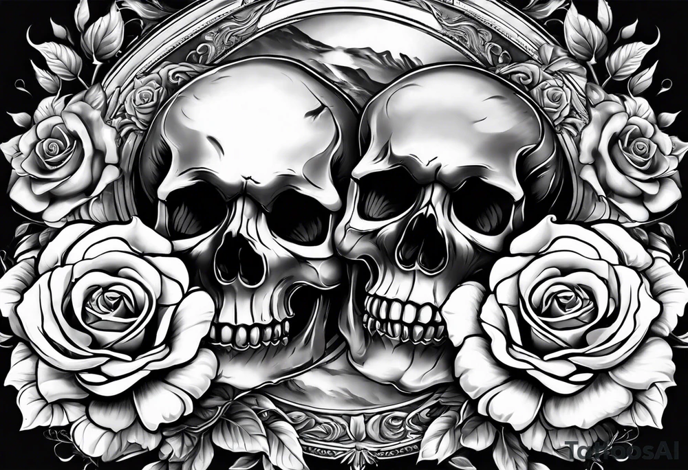 I want three skulls stepped on top of each other melting into each other with the background being roses tattoo idea