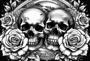 I want three skulls stepped on top of each other melting into each other with the background being roses tattoo idea