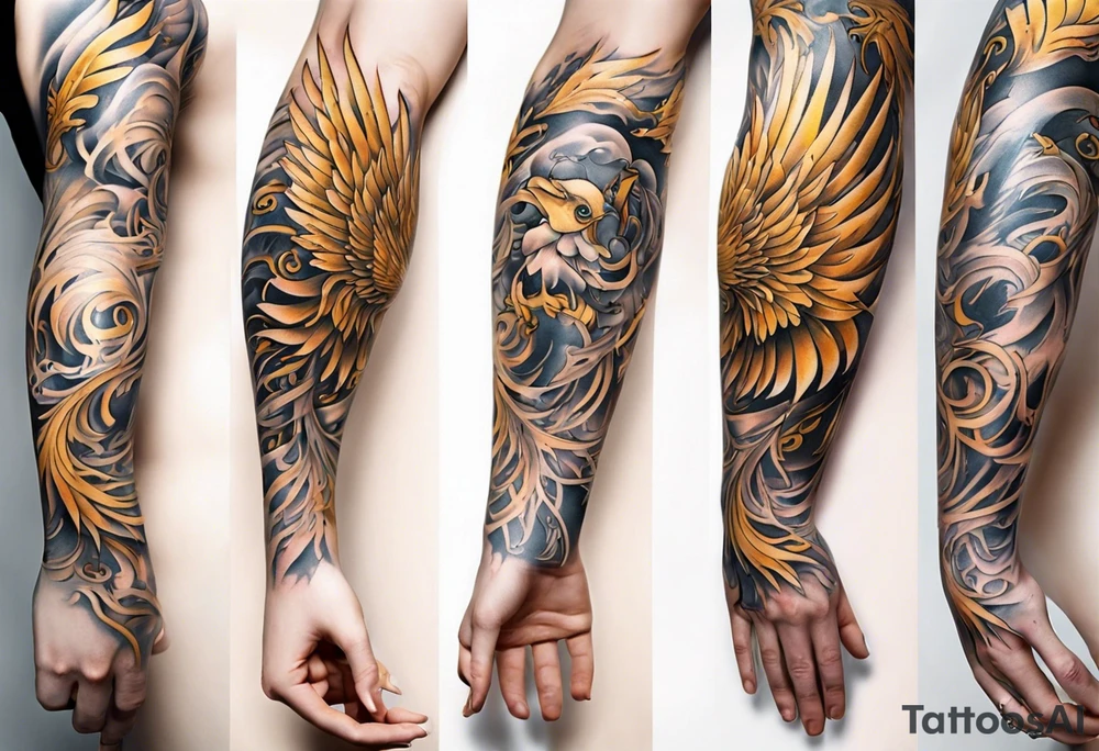 Sleeve tattoo on a woman's arm. Gold Phoenix tattoo idea