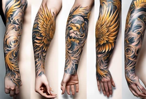 Sleeve tattoo on a woman's arm. Gold Phoenix tattoo idea
