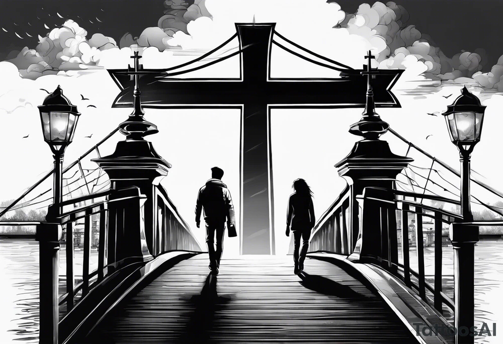 Cross shaped bridge with people walking across tattoo idea