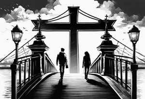 Cross shaped bridge with people walking across tattoo idea