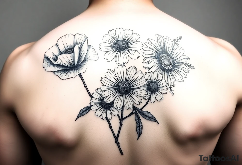 Poppy, chrysanthemum and daisy shoulder tatoo for women tattoo idea
