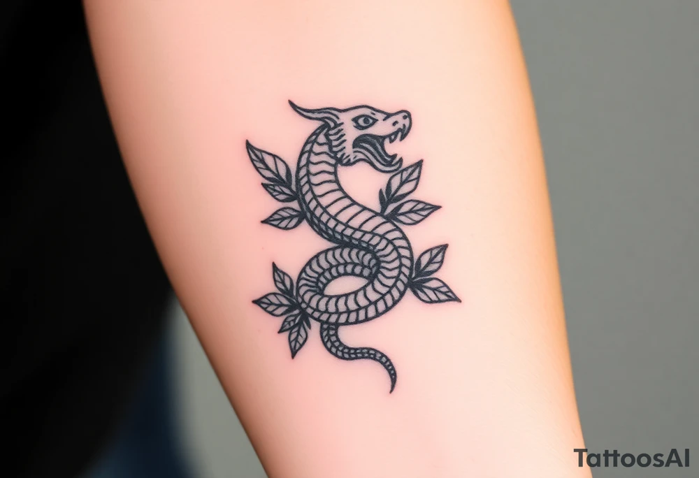 Mythical serpent wrapped in leaves tattoo idea