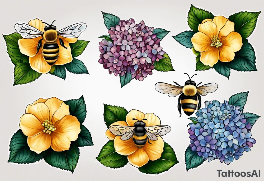 Small tattoo. There’s a hydrangea and a bee but they are not touching. Make the bee smaller than the hydrangea and have the bee off to the side. Bee is smaller than the hydrangea tattoo idea