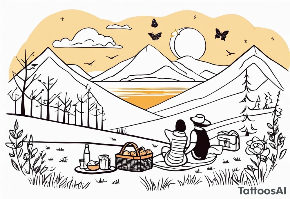 minimalstic picnic scene in nature on a blanket, with tennants, picnicbasket, backpack and sun in the sky tattoo idea