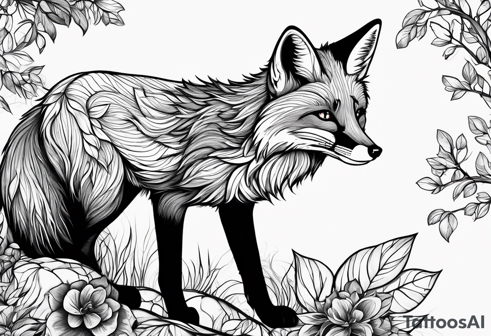 A playful fox with a bushy tail, set in a lush forest, illustrating cleverness and adaptability.” tattoo idea