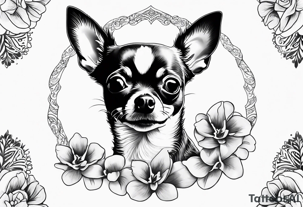 Portrait of chihuahua dog with paw print and phrase “loving you changed my life, losing you did the same.” tattoo idea