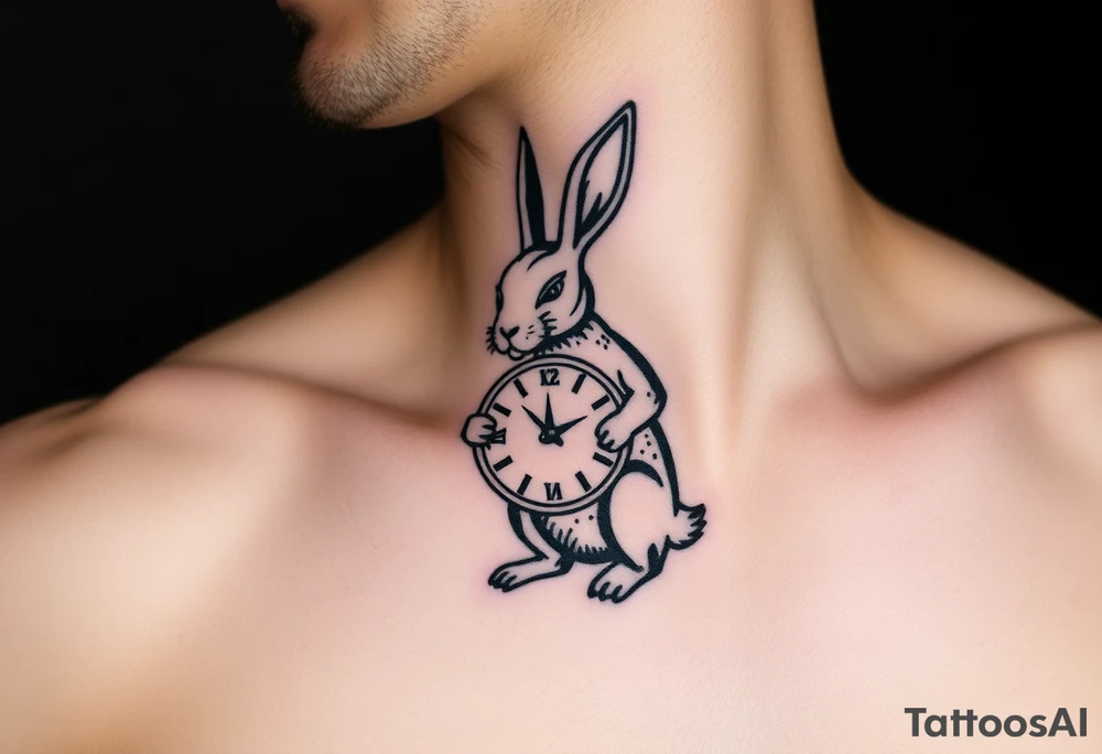Tribal Rabbit holding a Clock tattoo idea