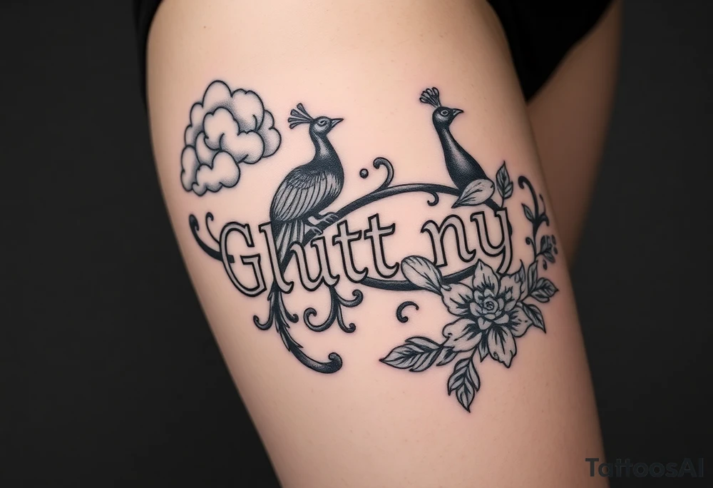 Storm clouds the word gluttony and sexy pig fat woman, peacock, money , envy, wrath, cigerette, cake, liquor bottle tattoo idea