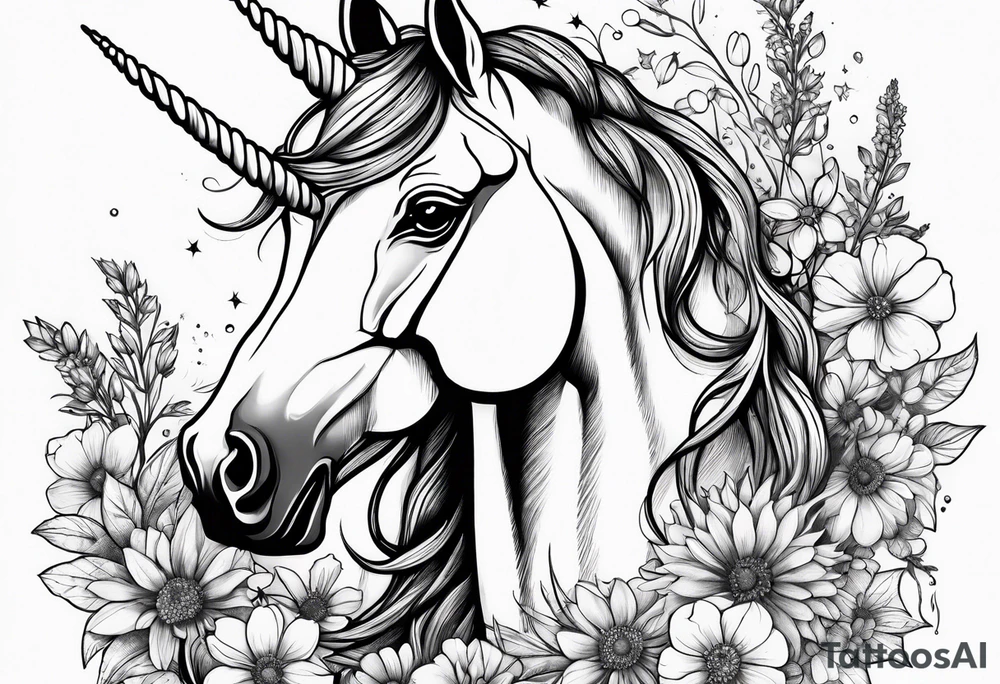 Unicorn and wildflowers half sleeve tattoo idea